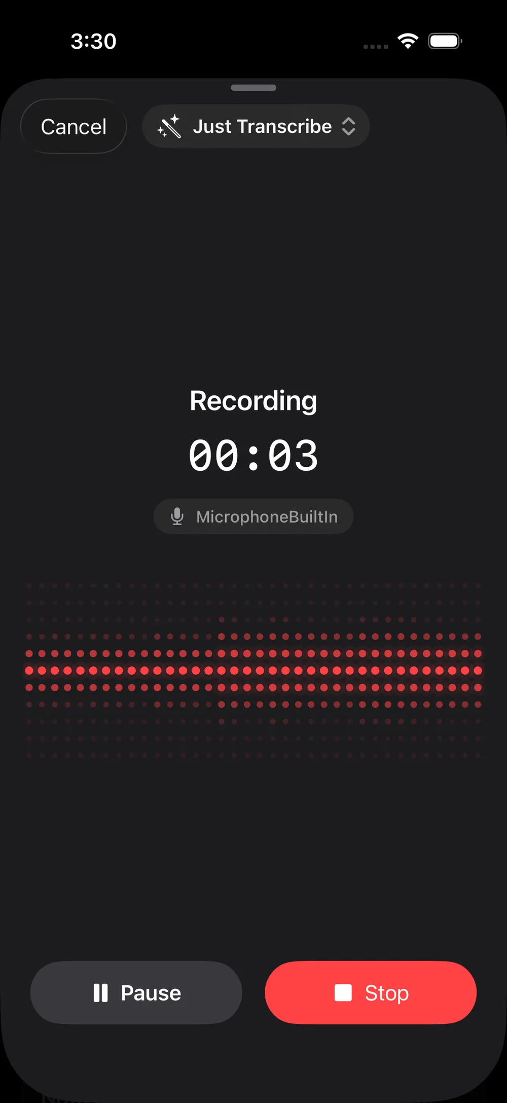 Hammock recording a voice note with a live waveform and timer