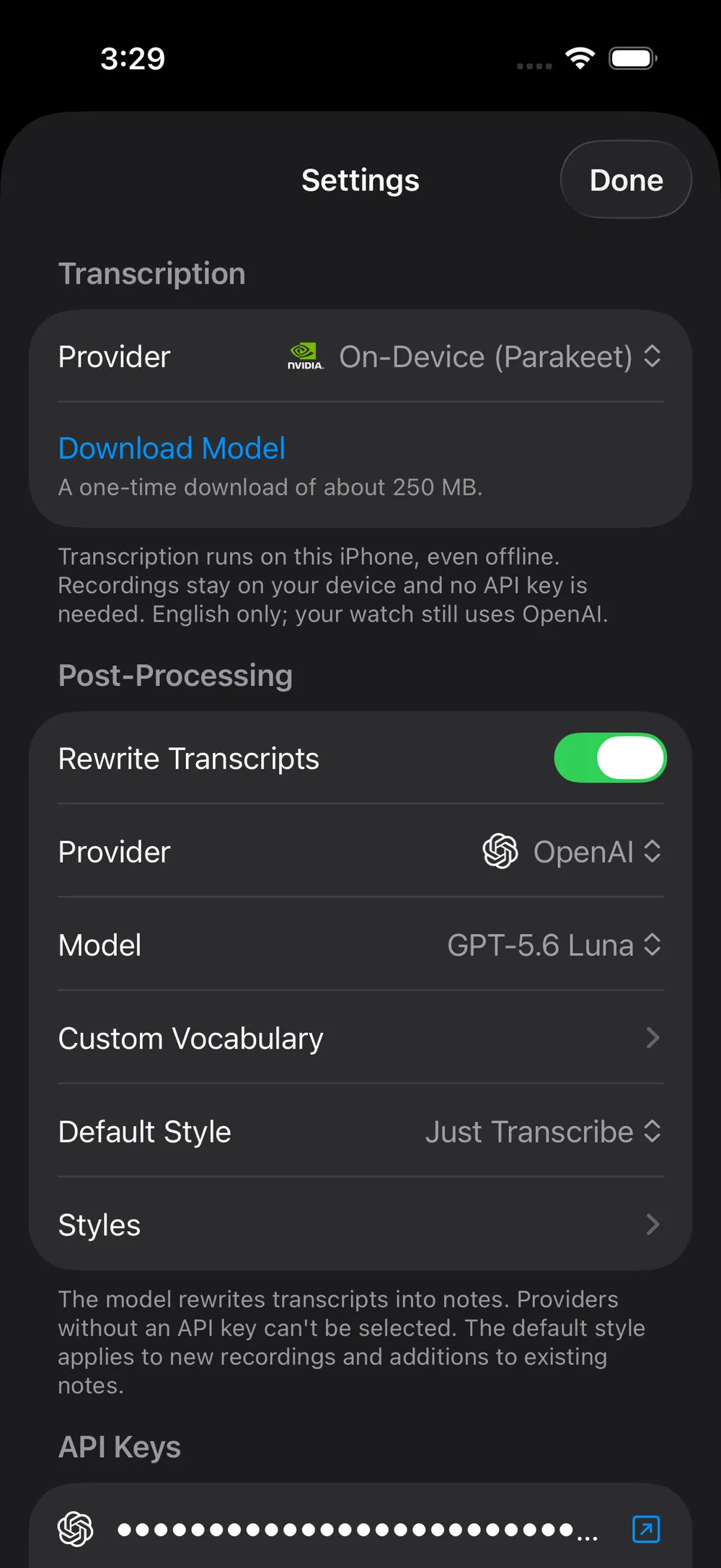 Hammock settings for choosing transcription and rewrite providers with your own keys