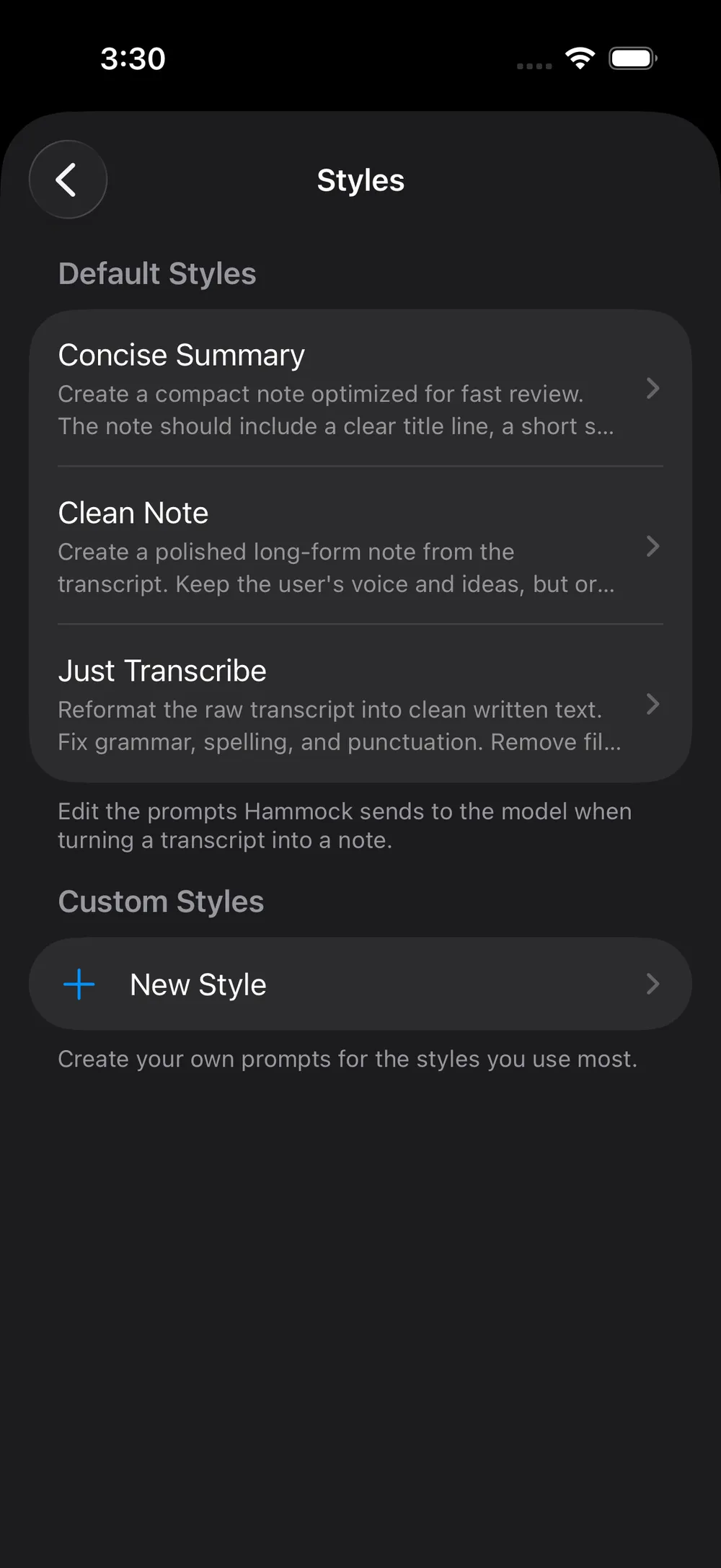 Hammock note styles: Concise Summary, Clean Note, Just Transcribe, and custom styles