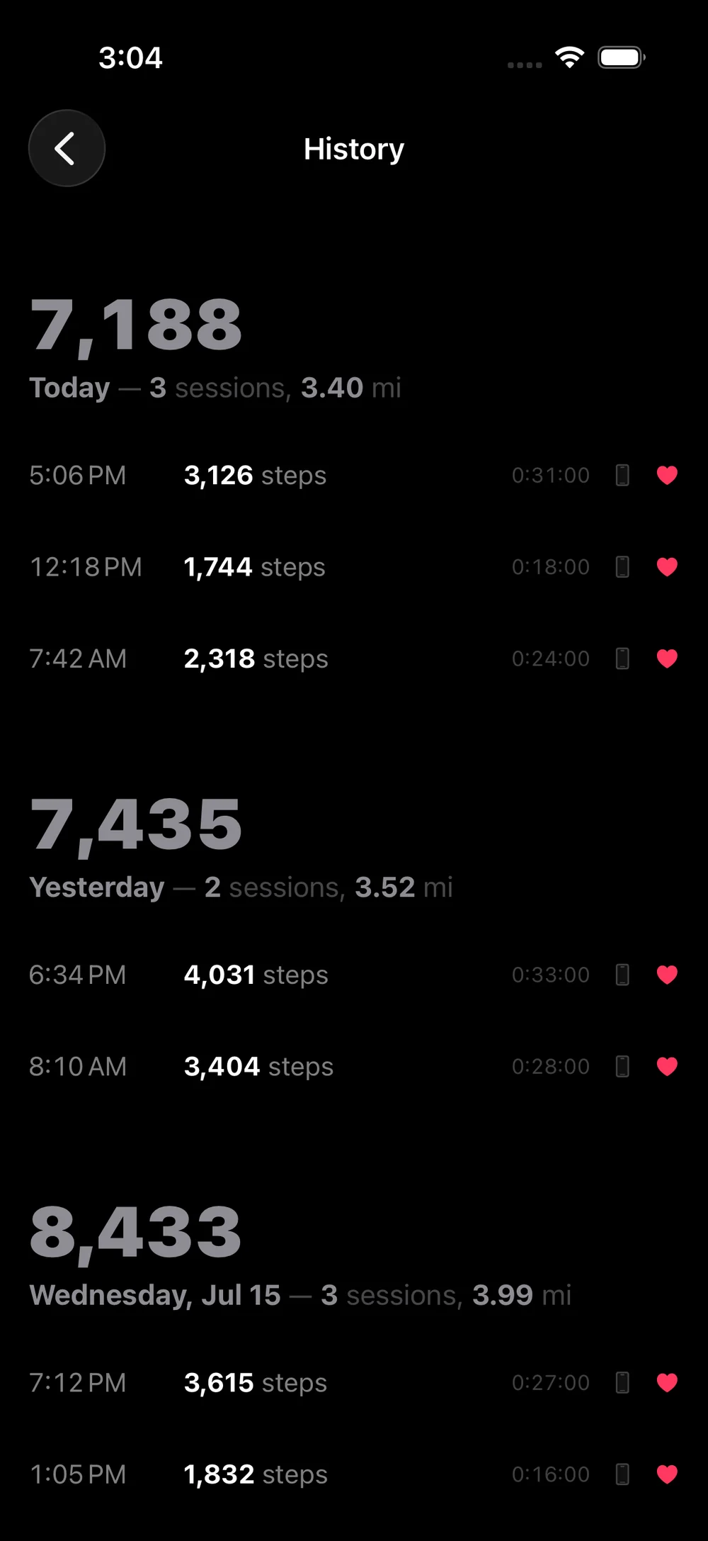 PedometerPod history of walking sessions synced to Health